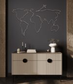One Line World Map Metal Wall Art – Modern Travel Decor for Home or Office