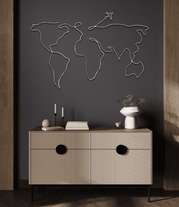 One Line World Map Metal Wall Art – Modern Travel Decor for Home or Office