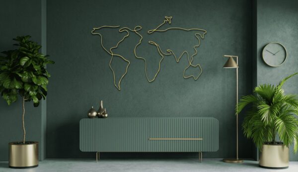 One Line World Map Metal Wall Art – Modern Travel Decor for Home or Office