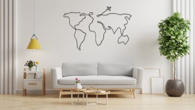 One Line World Map Metal Wall Art – Modern Travel Decor for Home or Office