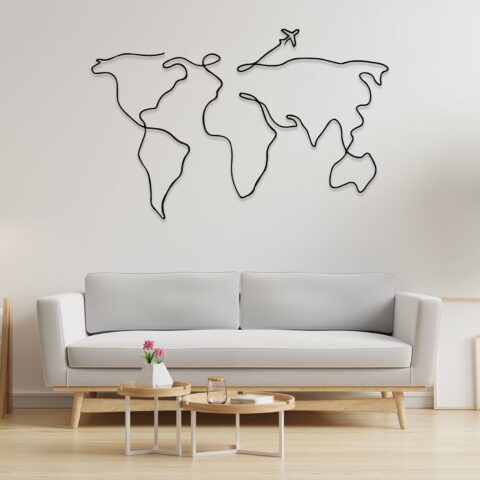 One Line World Map Metal Wall Art – Modern Travel Decor for Home or Office