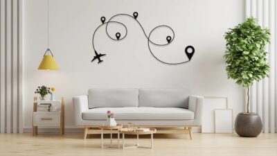 Travel Line World Map Metal Wall Art – Modern Travel Decor for Home or Office