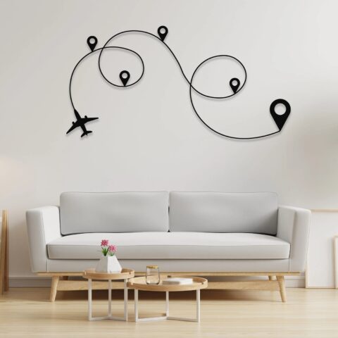 Travel Line World Map Metal Wall Art – Modern Travel Decor for Home or Office