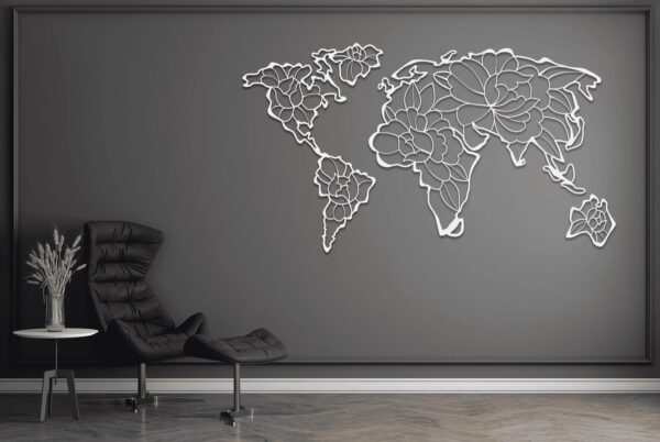 Floral World Map Metal Wall Art – Modern Travel Decor for Home or Office