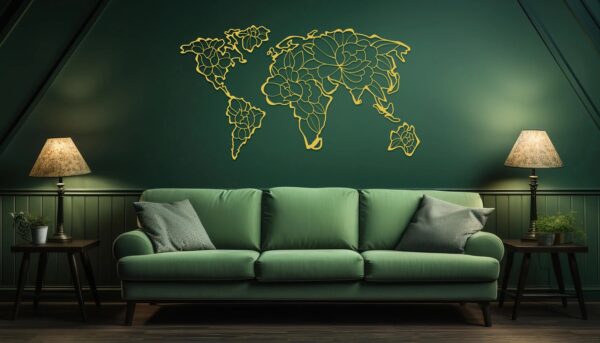 Floral World Map Metal Wall Art – Modern Travel Decor for Home or Office