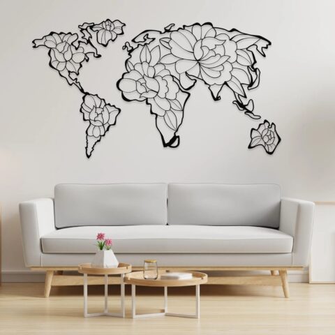 Floral World Map Metal Wall Art – Modern Travel Decor for Home or Office