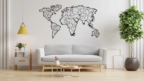 Floral World Map Metal Wall Art – Modern Travel Decor for Home or Office